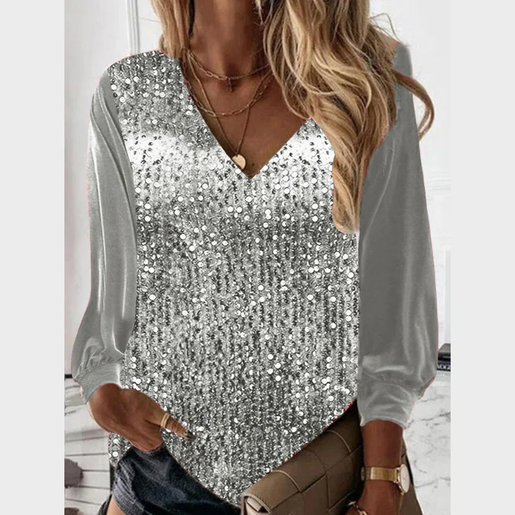 Sparkle Blouse Loose Sequin Top Polyester Fabric Moderate Elasticity Solid Color Pattern Suitable For All Seasons