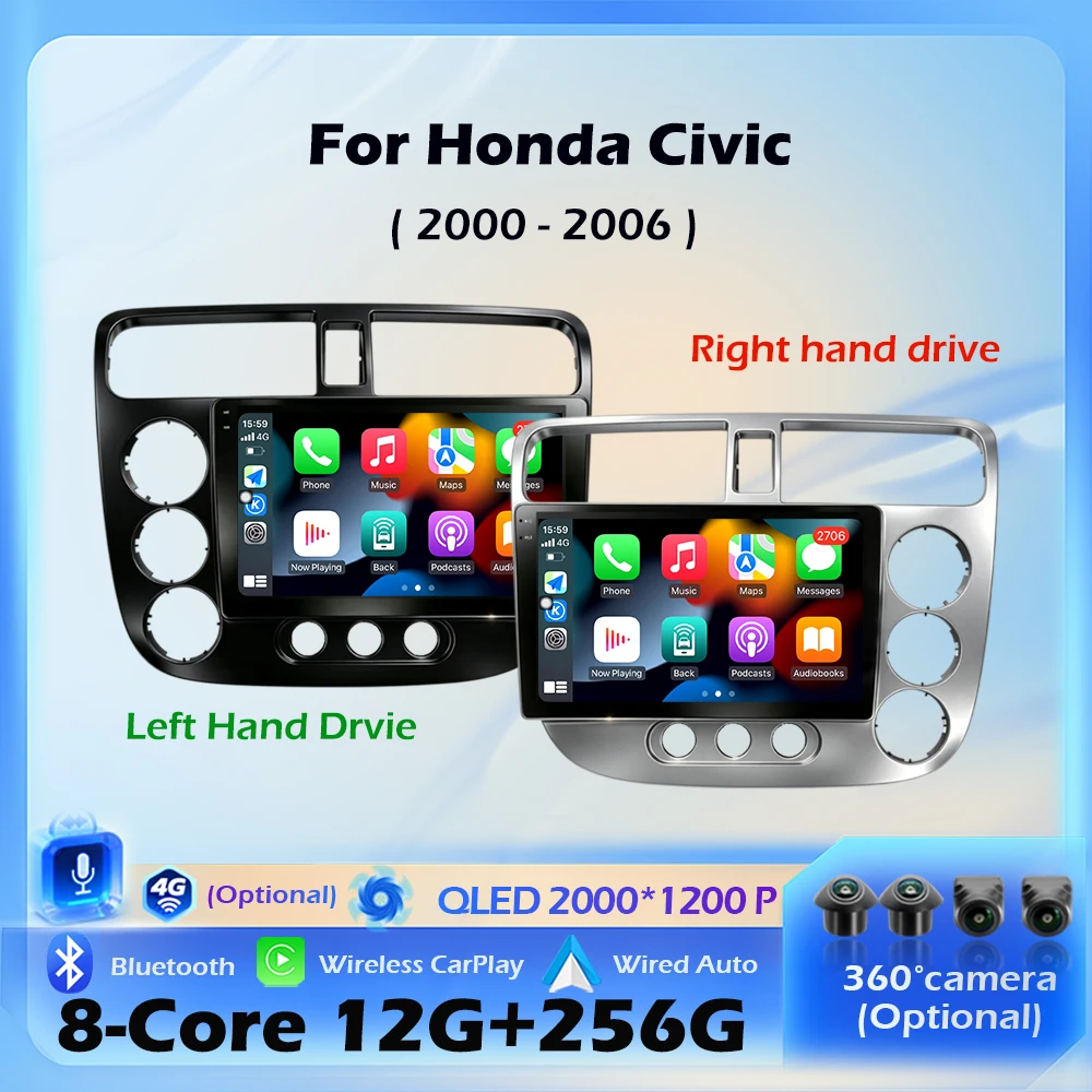 for Honda Civic 2000 - 2006 Car Radio Multimedia Video Player Android 16 Wireless CarPlay Navigation GPS 4G WIFI 9 inch Screen