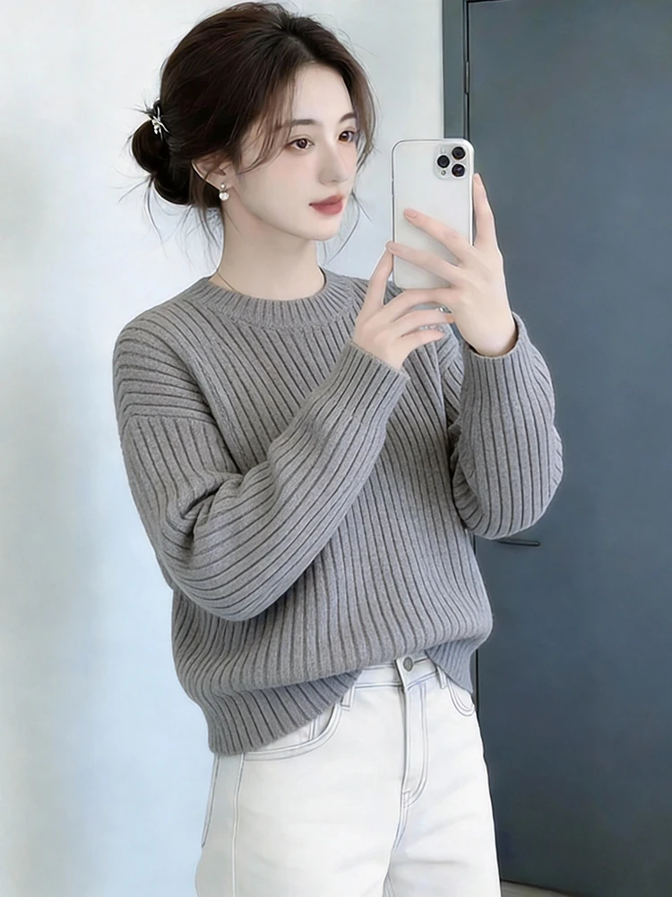 

Korean Sle Pure Color Simple round Ne Knitted Sweater Women's Faion Spring New Arrival Base irt Comfortable Breathable