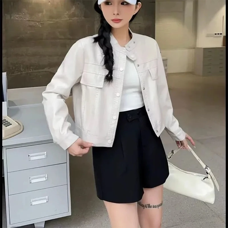 Vintage Short PU Leather Jacket Women Spring Autumn Stand-up Collar Long Sleeve Outerwear Casual Loose Motorcycle Leather Coat