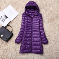 Chaqueta de plumón de pato blanco de talla grande, chaqueta ligera de plumón para mujer, abrigo de tela interior, sombrero largo de invierno con capucha para mujer