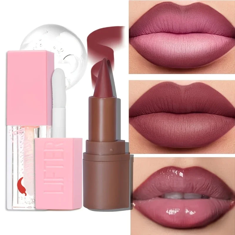 2 Pz/set Olio Per Labbra Caldo + 2 In 1 Rossetto Opaco Lip Liner Rimpolpante Labbra Velluto Impermeabile Lip Liner Lip Combo Lip Tint Trucco
