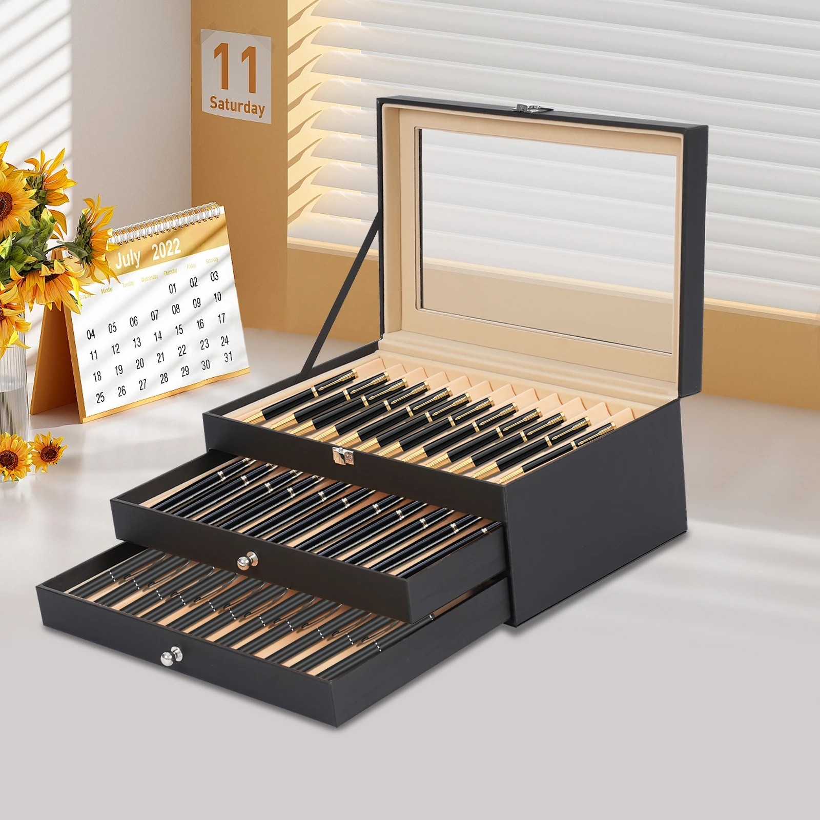 3 Layer 36 Slots PU Fountain Pen Display Case Leather Organizer Collector Box with Glass Cover