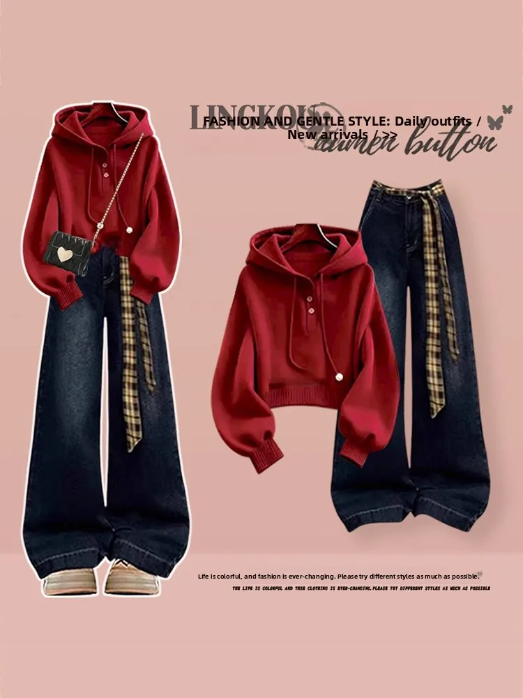 

Large Size Autumn Winter Casual Set Women's Red Christmas Atmosphere Hat Sweater with Retro Jeans Two Piece Set Fashionable C...