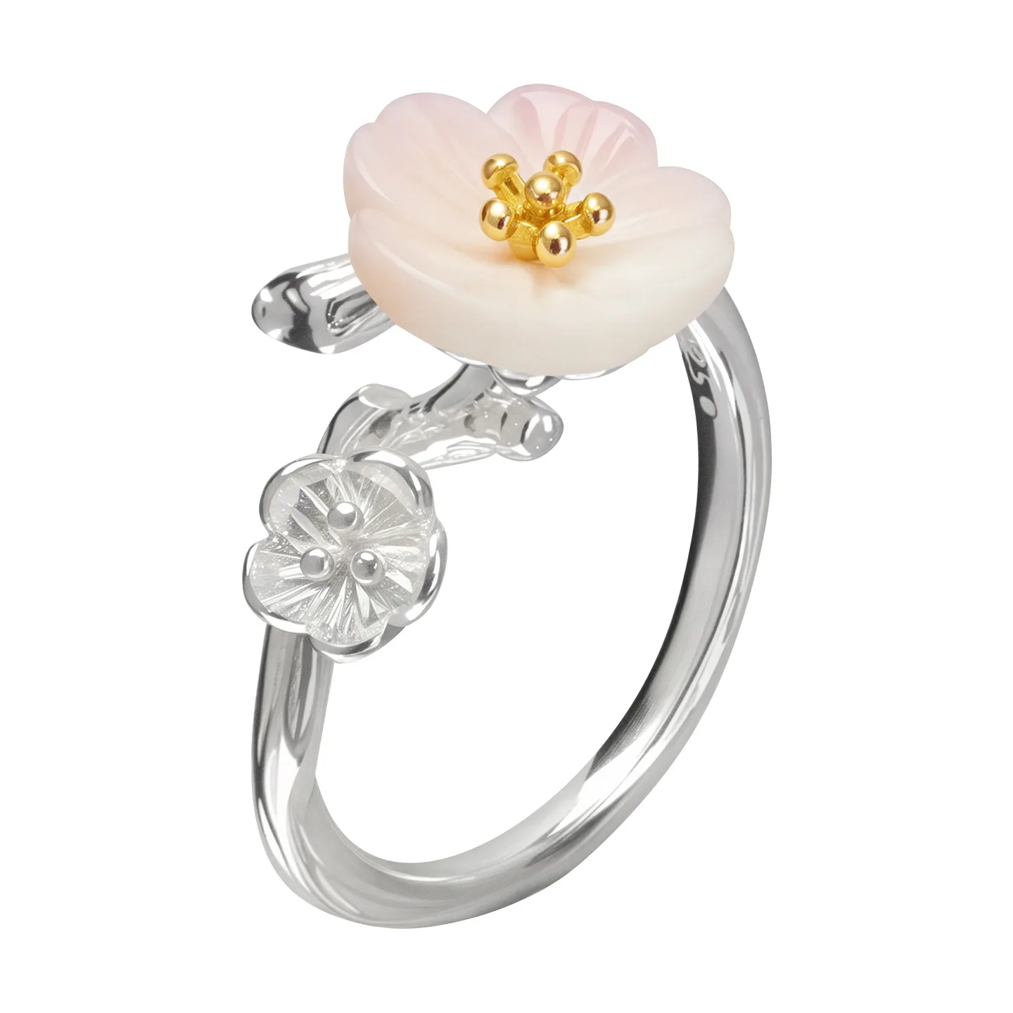 Amxiu Sterling Silver 925 Original Design Vintage Chinese Style Inlaid Shell Cherry Blossom Open Ring For Women Cross-Border