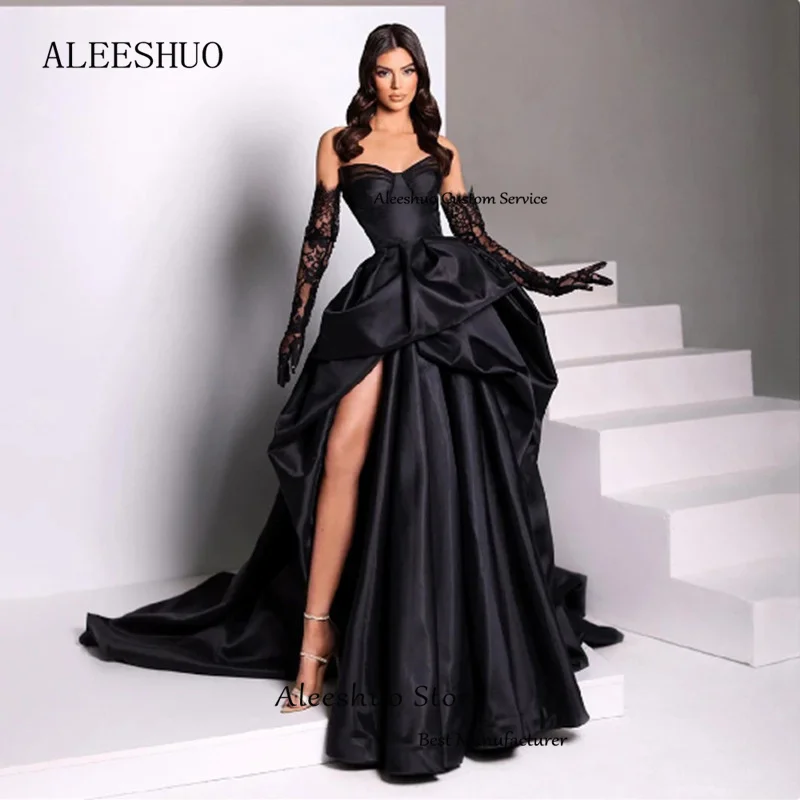 Aleeshuo Sexy Black Prom Dress Satin Sweetheart Evening Dress Saudi Arabia Side Slit Formal Ball Gown Floor Length  فستان سهرة