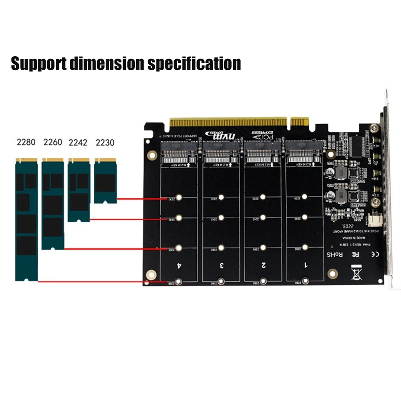 4 Port M.2 NVMe SSD To PCIE X16M Key Hard Drive Converter Reader Expansion Card, 4 X 32Gbps Transfer Speed-A69M