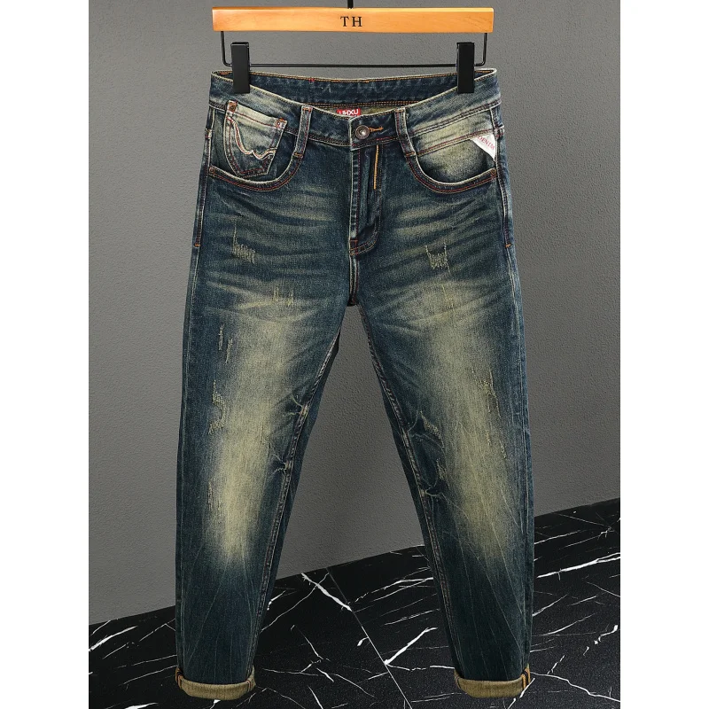 

Высококачественные джинсы в уличном стиле, мужские модные потертые прямые длинные брюки желтого цвета грязи с царапинами