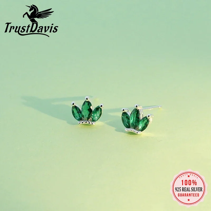 TrustDavis Real 925 Sterling Silver Sweet Crown Green White CZ Charm Stud Earrings For Women Wedding Party Fine Jewelry DA1670