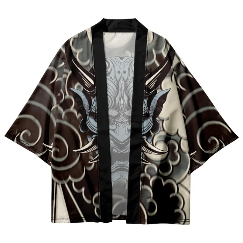 Summer Beach Kimono Anime Demon Printed 3/4 Sleeve Shirt Haori Fashion Kimono Yukata Men Tops