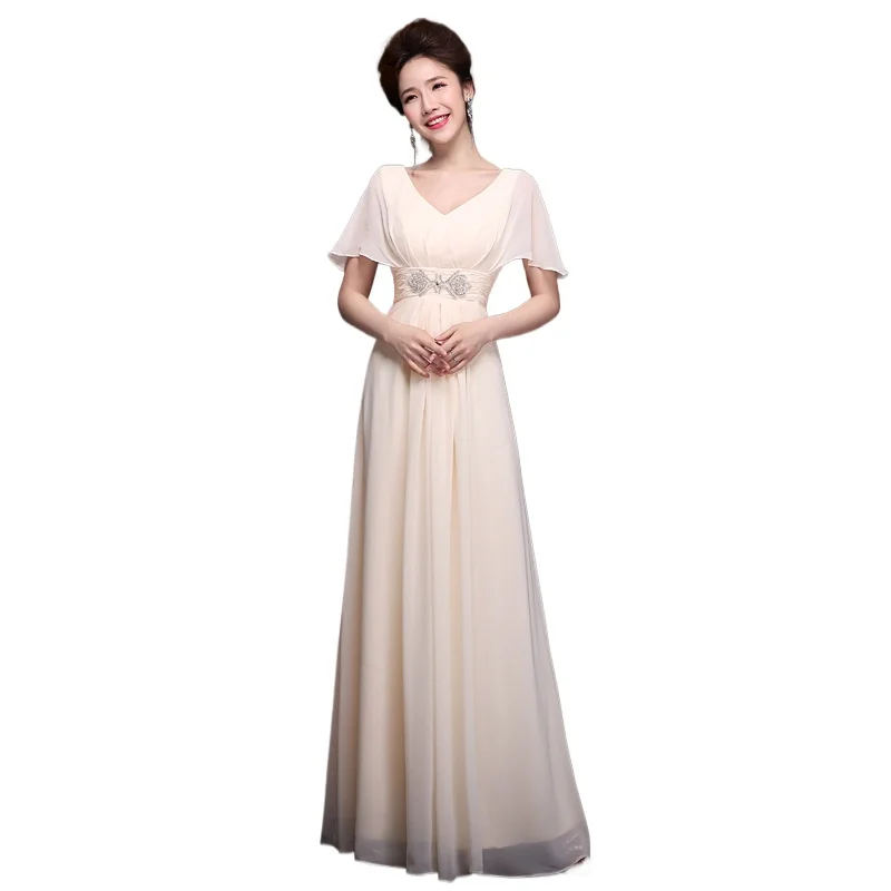 

Elegant Double V-neck Short Sleeves Waist Embellishment Long Chiffon Bridesmaid Dress