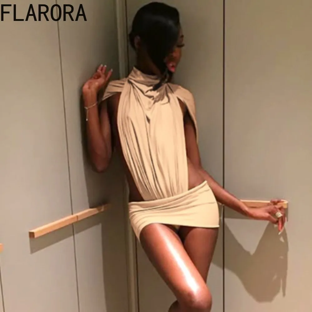 

FLARORA Sexy Chic 2 Piece Set Woman Ruched Turtleneck Side Hollow Design Bodysuits And Skinny Mini Skirts Hottie Wild Style Suit