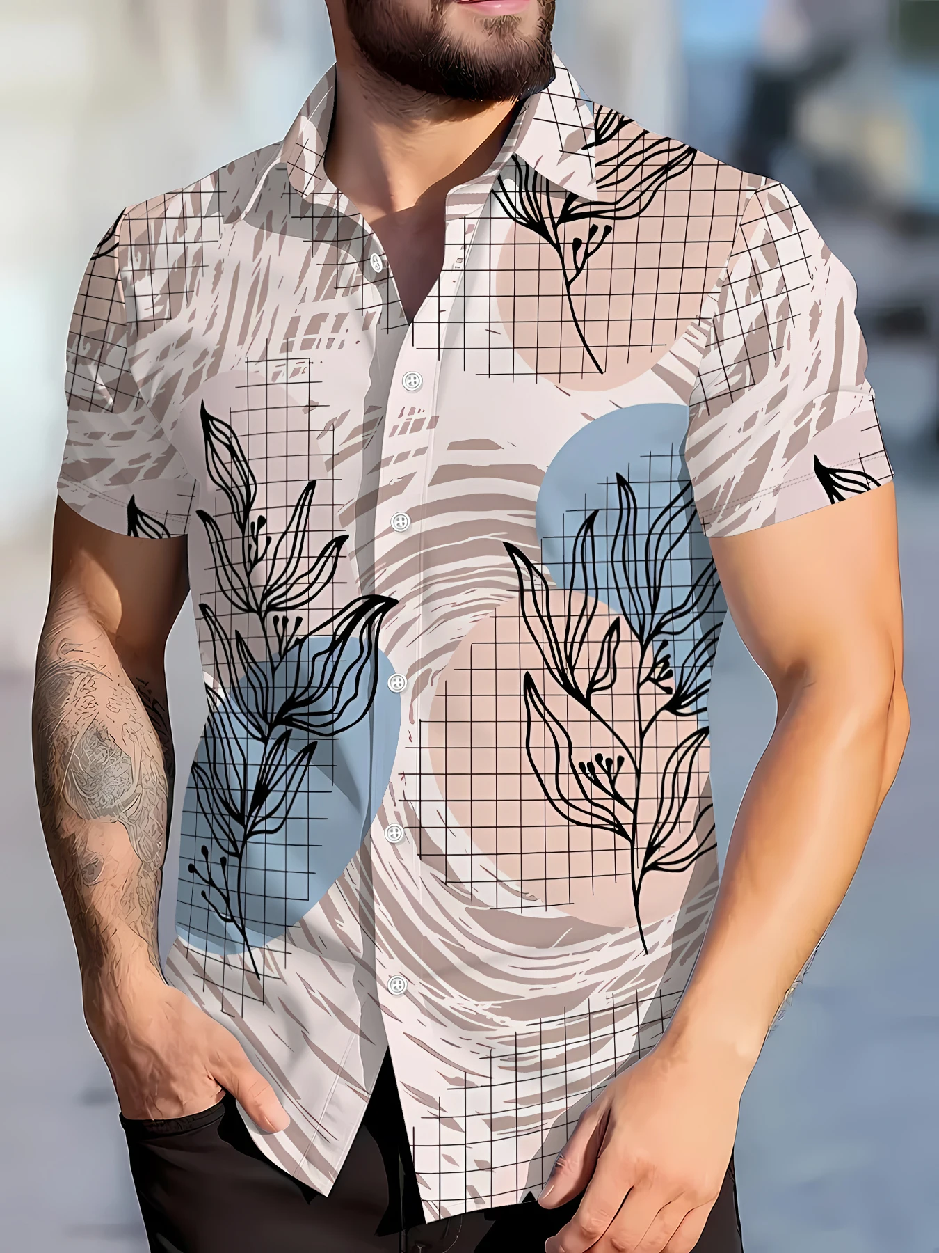 

2026 Summer New Style Men Short-Sleeved Shirt with 3D Leaf Pattern Print for Street Casual Fashion Comfortable and Soft