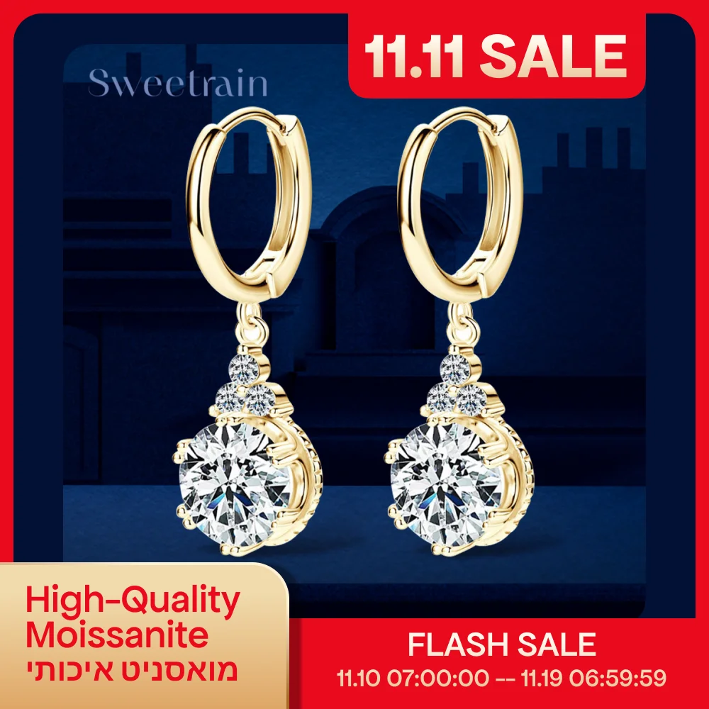 

Женские серьги-капли Sweetrain 1CT 2CT с муассанитом, сверкающие лабораторные бриллианты, позолоченные 18 карат, висячие серьги из стерлингового серебра 925 пробы