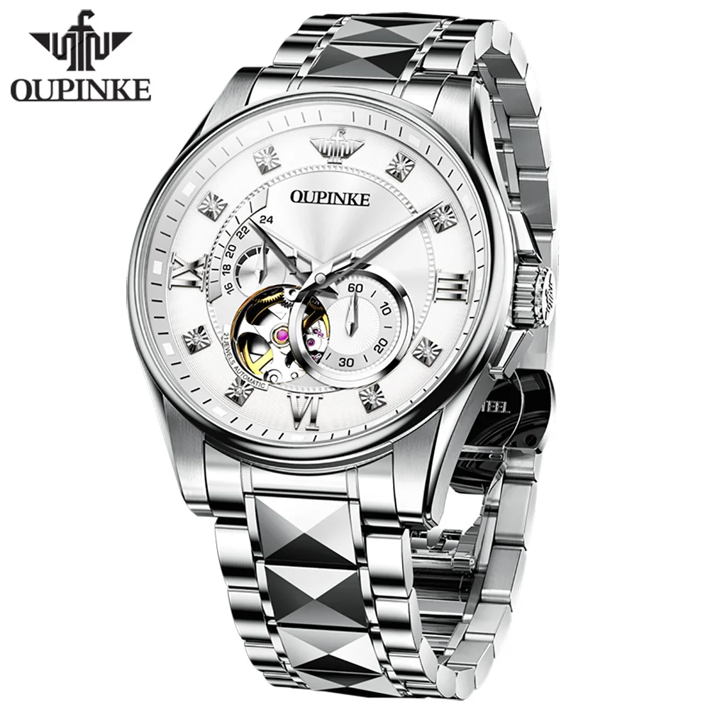 

OUPINKE Men's Watches Casual Trend Tungsten Steel Original Automatic Wristwatch Flywheel Mechanical Movement Independent Second