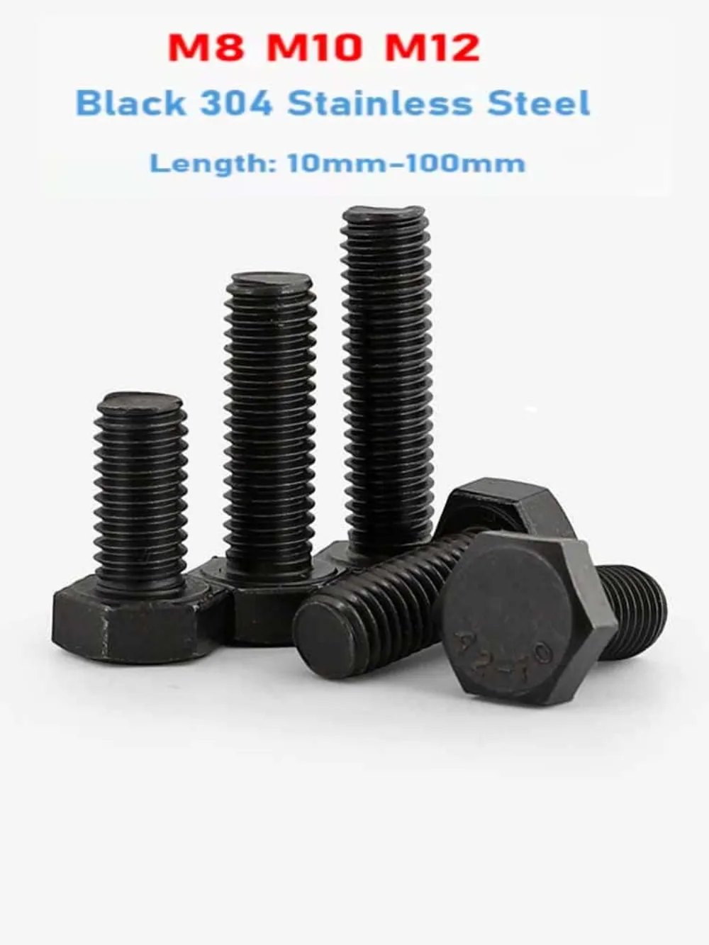 M8 M10 M12 Black 304 Stainless Steel Hex Head Bolt, Full Thread External Hexagon Cap Screw 10‑100mm Industrial Fastener