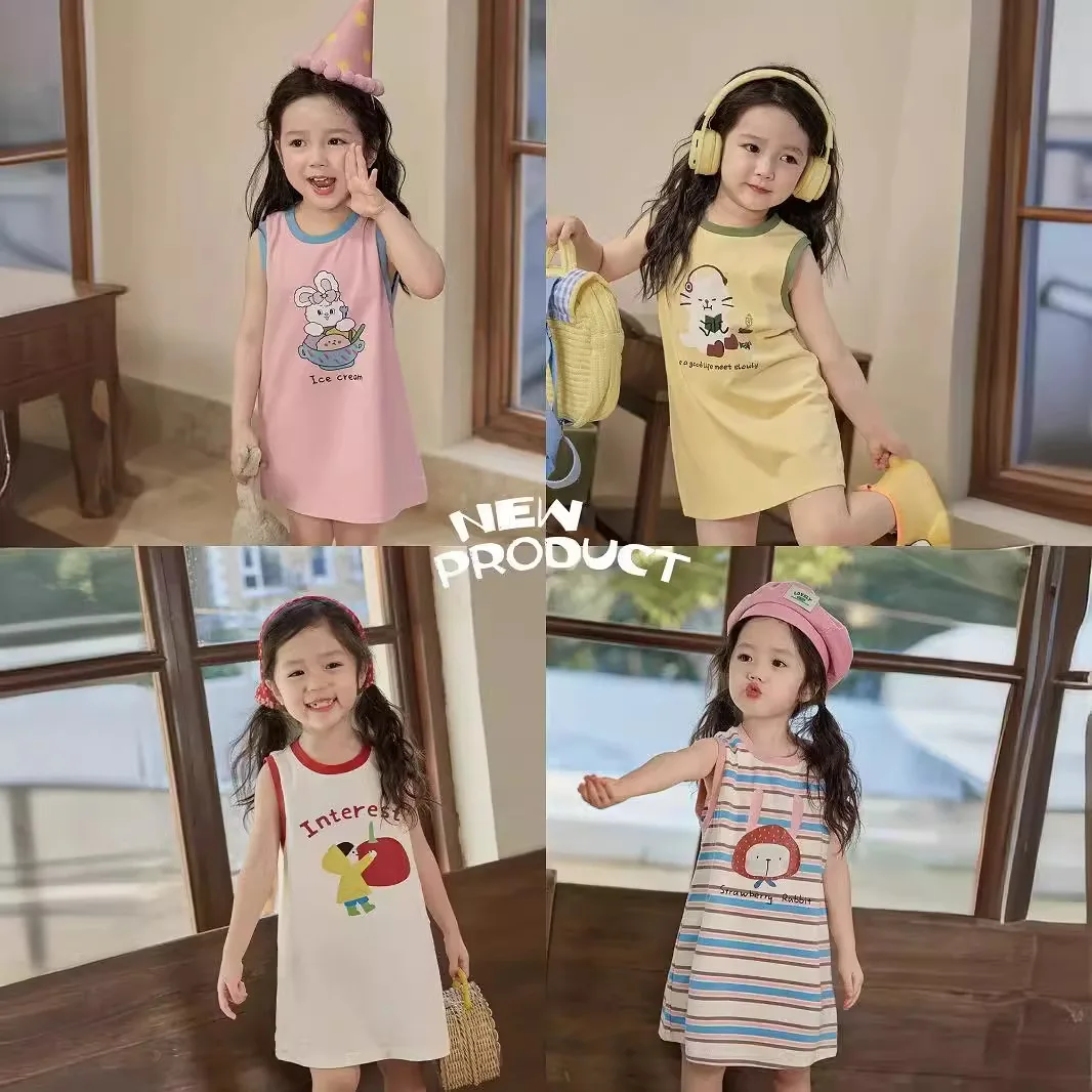 Baby Girls Casual Dresses Summer Children Sleeveless Cartoon Dress Kids Princess Dresses Toddler Clothing 3-8Years Clothes