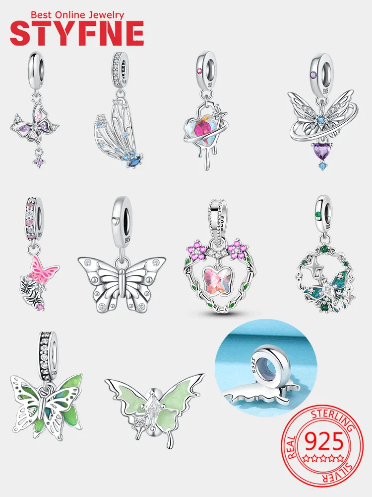 

Charms 925 Silver Animal Series Colorful Zircon Butterfly Heart-shaped Beads Pendant Fit Original Bracelet Jewelry Women Gift