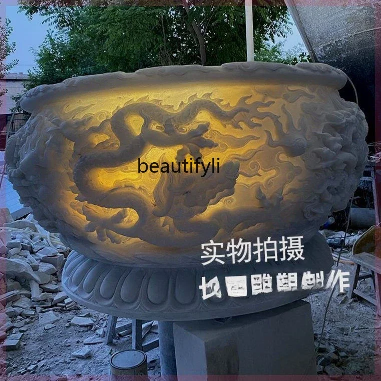 

yj32 Stone carving dragon tank, white marble fish tank, round outdoor ornament, antique bluestone water tank