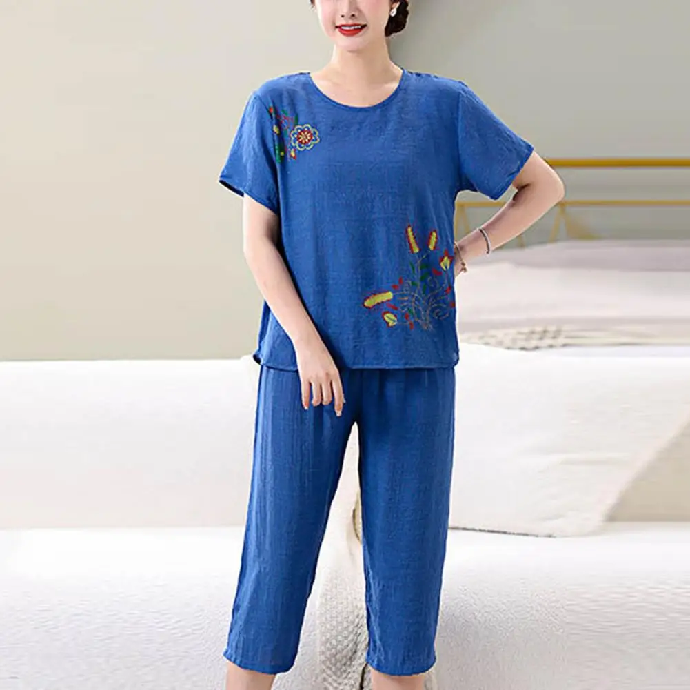 2 Pcs/Set Mother Pajamas Set Flower Print Short Sleeves Round Neck Loose Mom Nighty Set Sleeping Elastic Waist Pullover