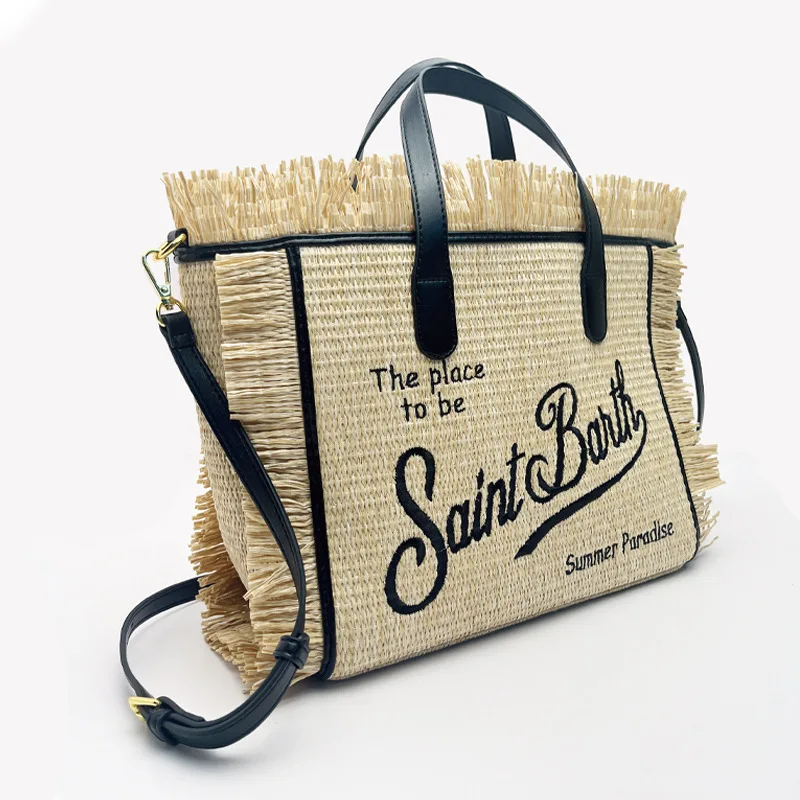 SAINT BARTH New women's large capacity leisure travel straw mat handmade tassel handbag tote bag mommy bag