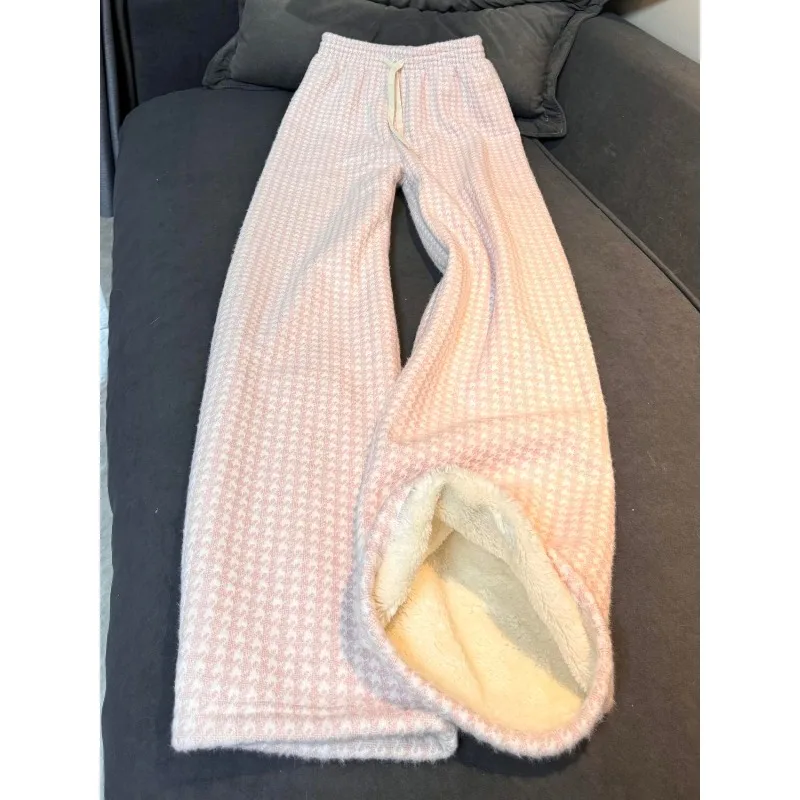 Sweet fresh kawaii cute plaid pattern plus velvet thickened winter warm wide-leg pants for women aesthetic trend straight pants