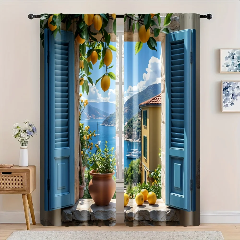 Mediterranean Villa View Curtains Waterproof Shower Curtain Bathroom Window Drapes Yellow Lemon Fruit Print