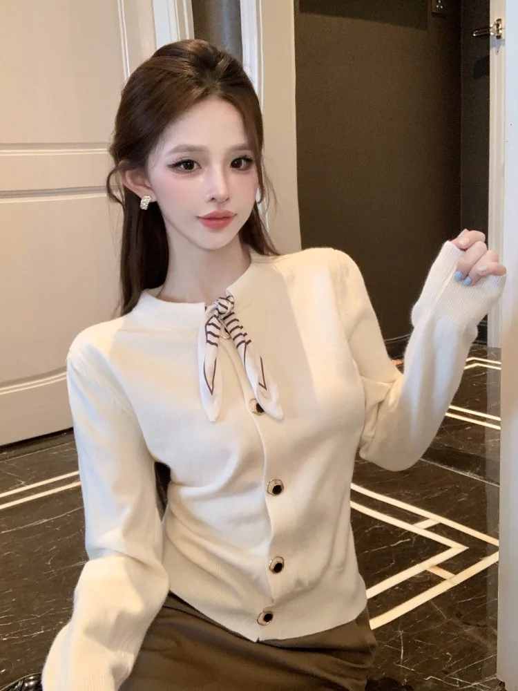 Elegant Knitted Cardigan Sweater Women's Autumn Winter Fashion Age-Defying Knot Scarf Thin Outerwear Ladylike Commu...