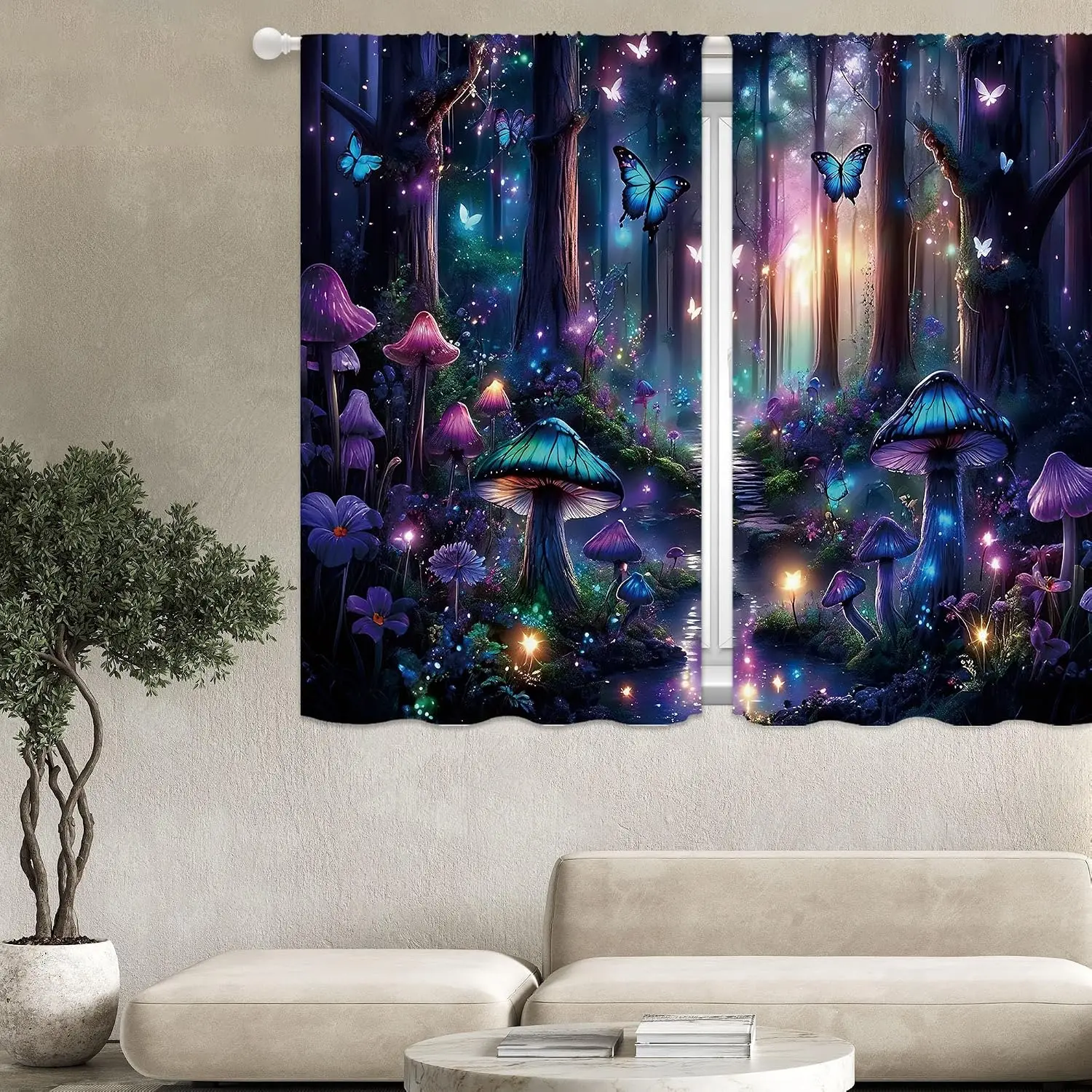 Glowing Magic Mushroom Curtain 2 Panels,Neon Forest Butterfly Stream Night Spark Print, Drapes for Bedroom Fantasy Decor Curtain