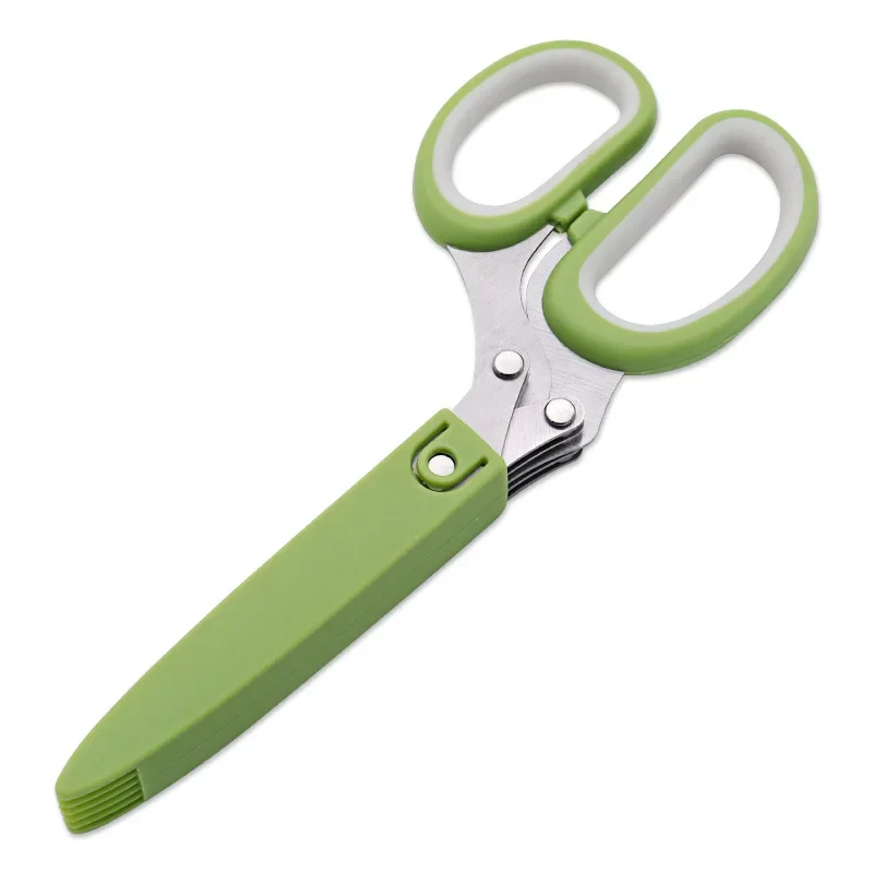 5-layer Stainless Steel Blade Scallion Scissors Green White Color PP + TPR Comfort Handle Kitchen Scissors Household Hand Tools