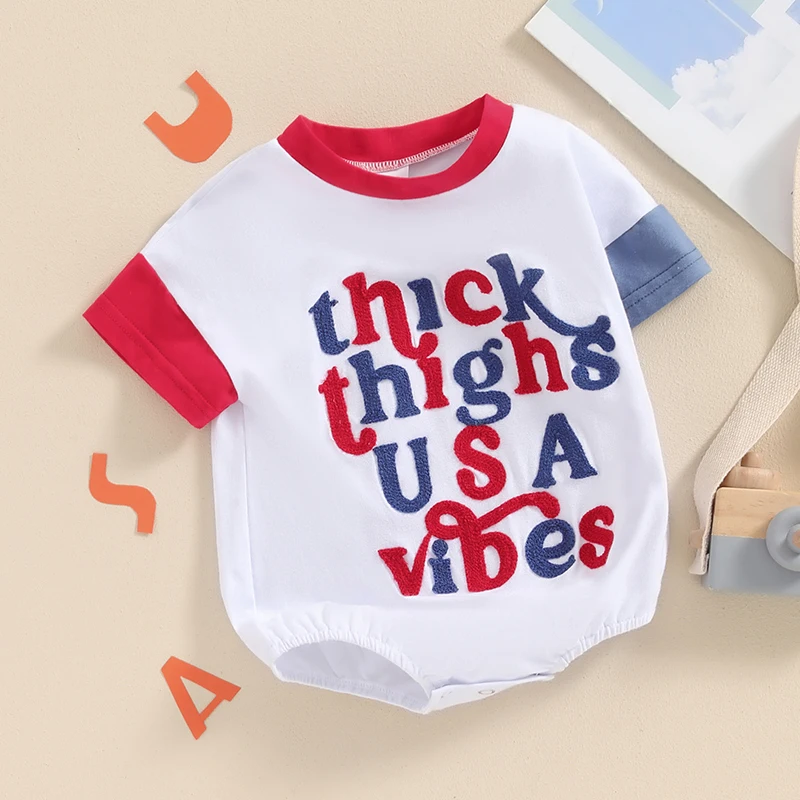 2024-03-18 Lioraitiin Baby Girls Boys Independence Day Romper Short Sleeve Crewneck Letter Embroidery Contrast Color Romper image 3