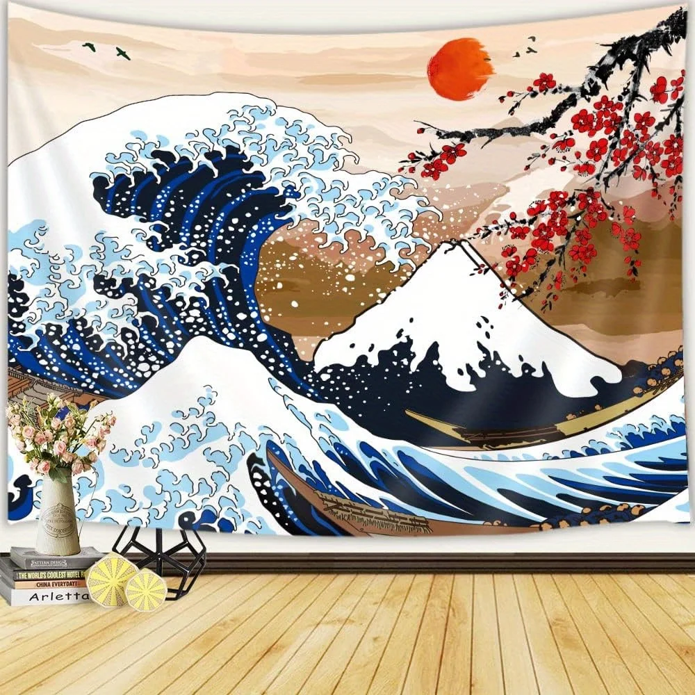 Ocean Waves Mount Red Sun Digital Bohemian Wall Tapestry Aesthetic Wall Decor Boho Home Decoration For Bedroom Living Room