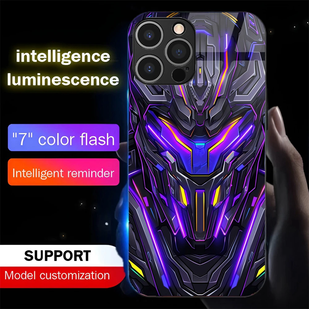 

Armor Mecha Design Sound Control LED Flash Cases Luminous Glass Cover For iPhone 16 E 15 14 13 12 11 Pro Max XR XS Plus SE