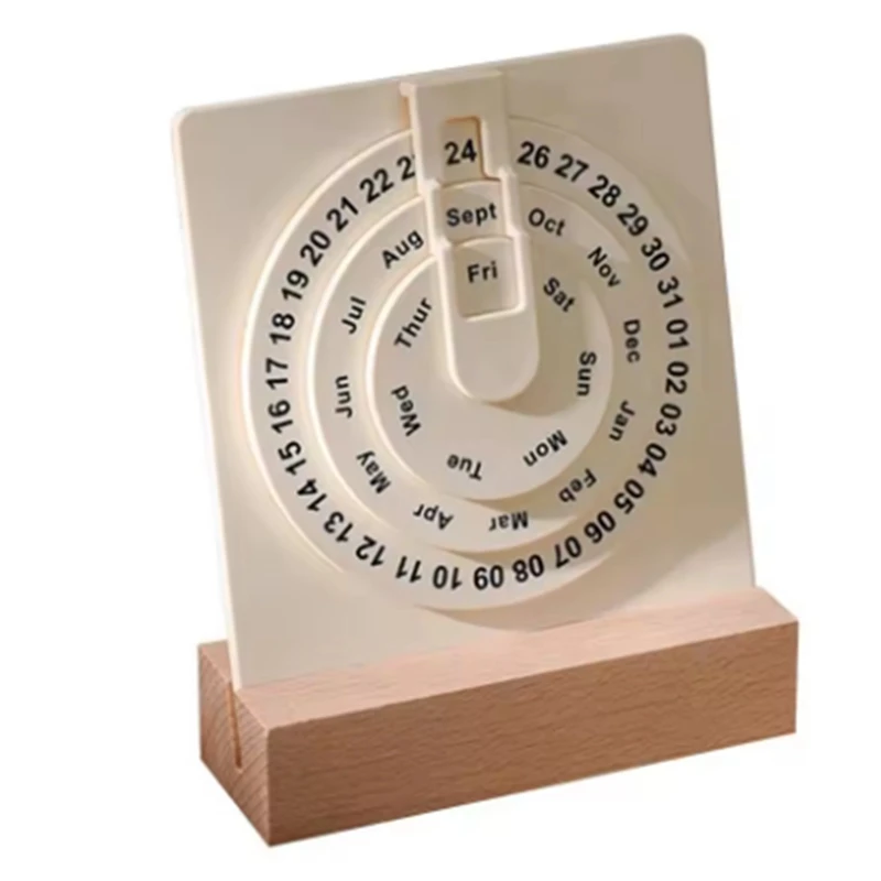 

AT93-Desk Calendar Small Rotating Desk Circular Calendar With Wooden Base Month Week Day Display Wheel Calendar