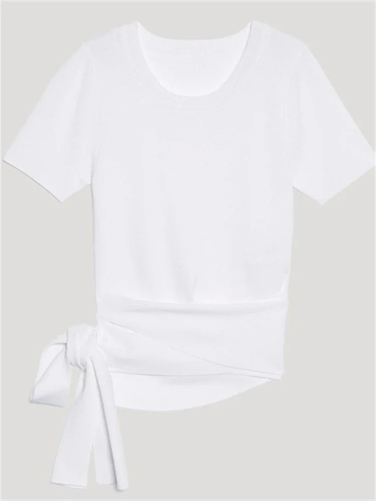 

Women White T-Shirt Lace-up Waist Short Sleeve Round Neck Casual Tee Tops
