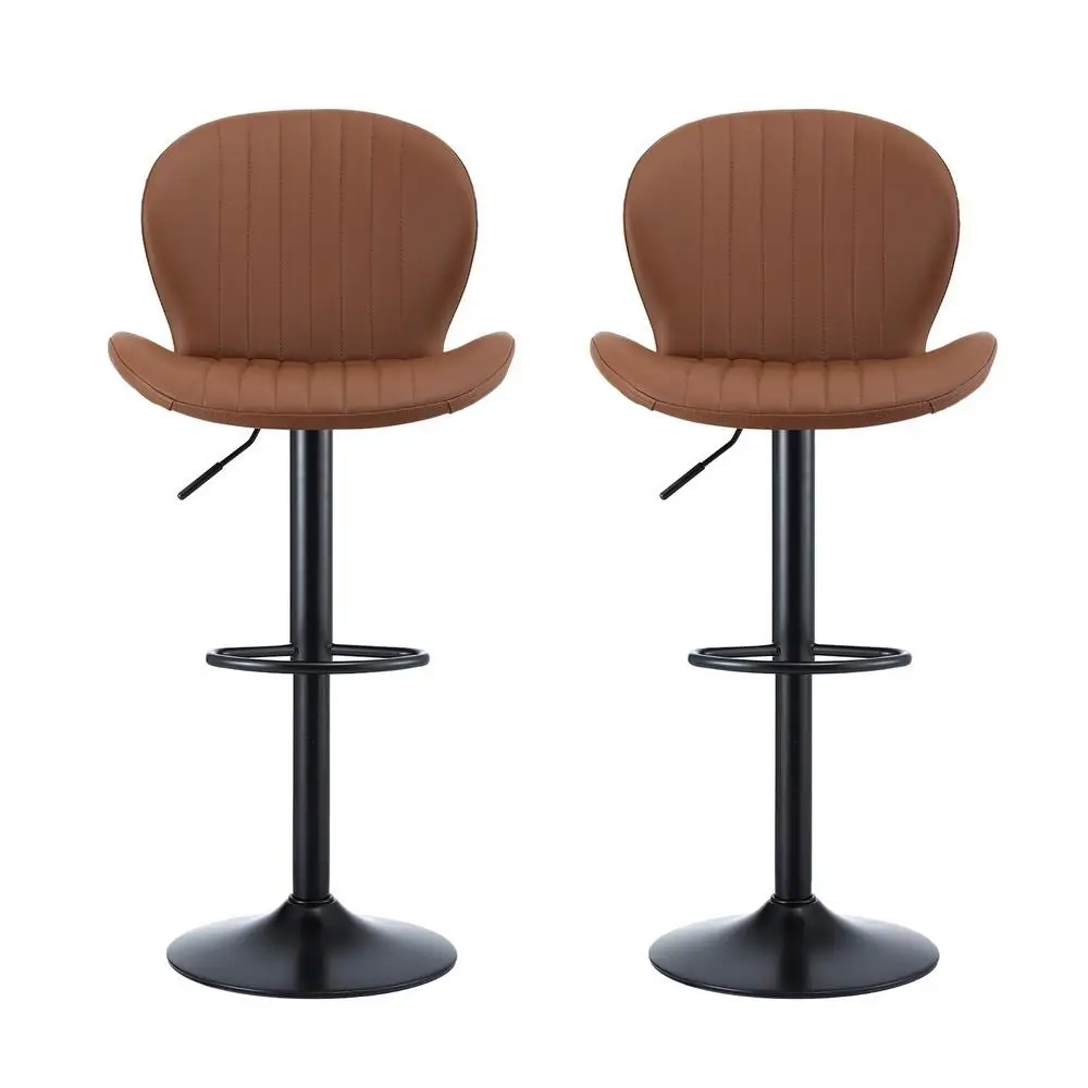 &Set of 2 Brown Leather Swivel Gas Lift Bar Stools for Kitchen Counter Seating Shell Back Adjustable Chair