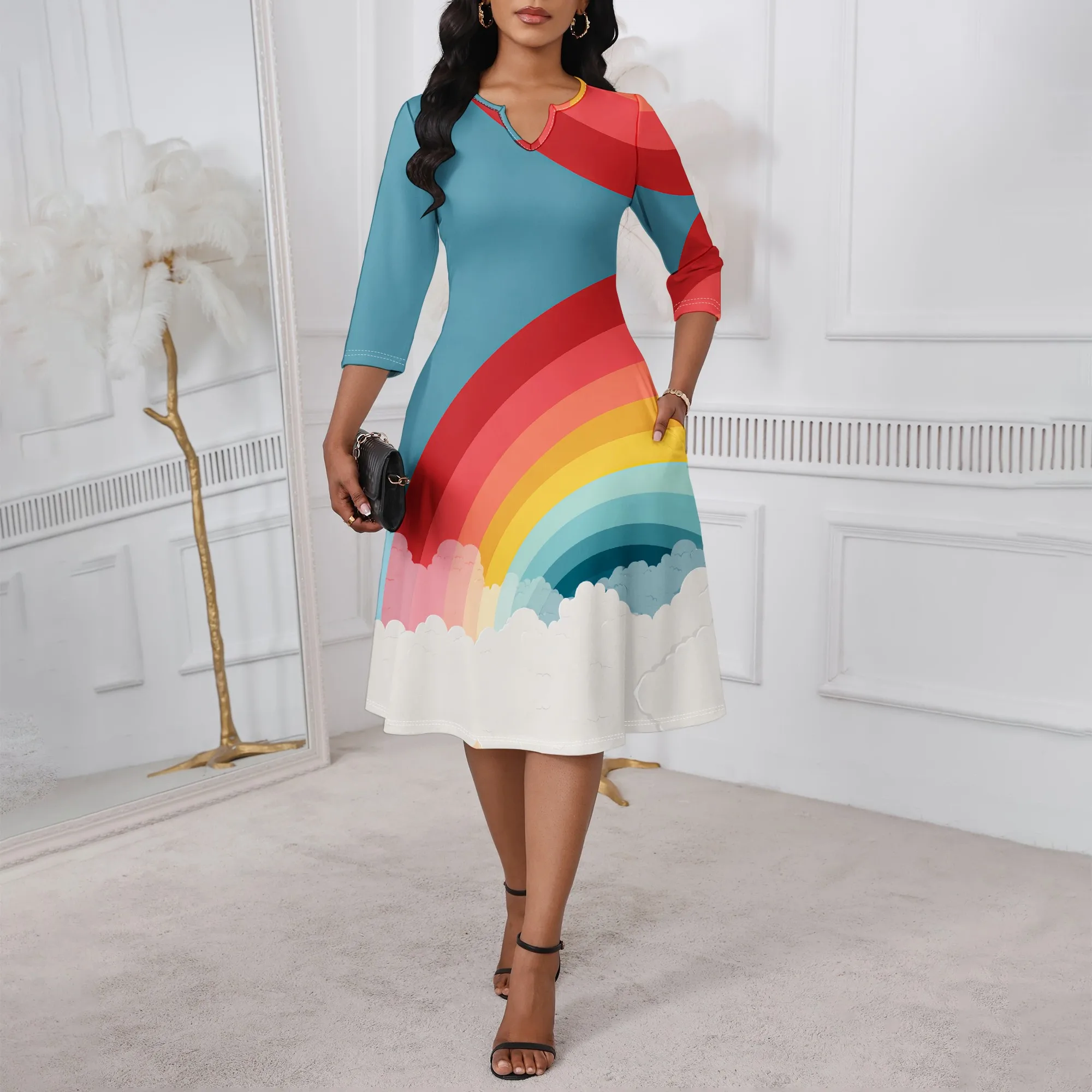 

Sky Blue Rainbow Cloud Dress for Women XS-3XL Dreamy A-Line Style with Notched Neck for Pride Month or Summer Picnic Look