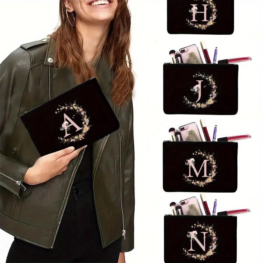 1pc Women's Clutch Bag,Letter Garland Print Zipper Cosmetic Bag,Storage Bag,Toiletry Bag,College Dormitory Cosmetic Organizer