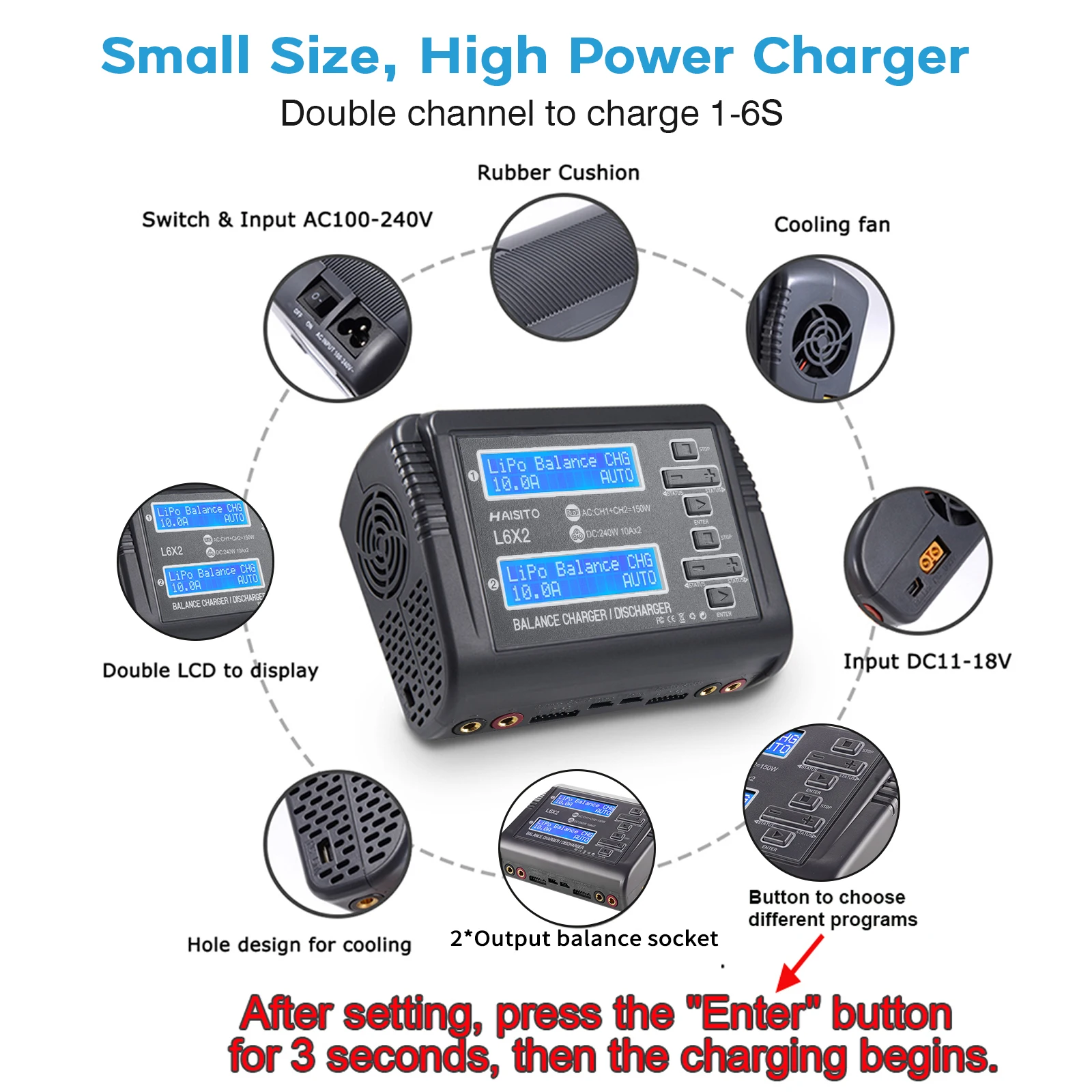 L6X2 شاحن RC 10A ثنائي القناة التيار المتناوب تيار مستمر شاحن مفرغ ل يبو LiHV الحياة ليلون NiCd NiMh Pb شاحن ميزان البطارية