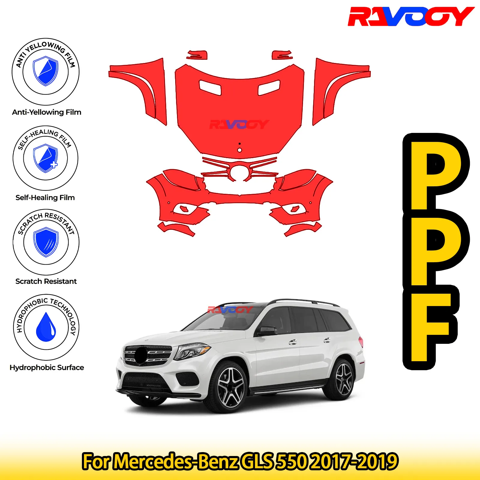 

For Mercedes-Benz GLS 550 2017-2019 Glossy Matte Black Precut front PPF Kit Paint Protection Film