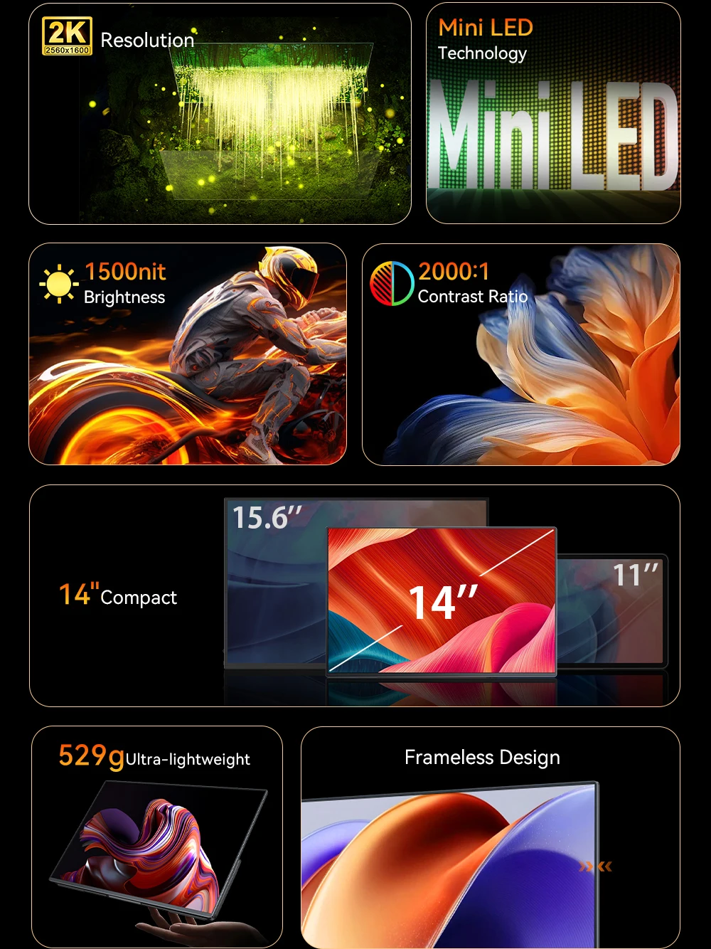 شاشة UPERFECT UColor Mini LED المحمولة مقاس 14 بوصة بدقة 2.5K و1500 شمعة/م2 ووقت استجابة 1 مللي ثانية ومزامنة مجانية للألعاب مع حامل وشاشة خارجية ثانية VESA Eye Care لأجهزة الكمبيوتر المحمولة ووحدة التحكم في الألعاب #2