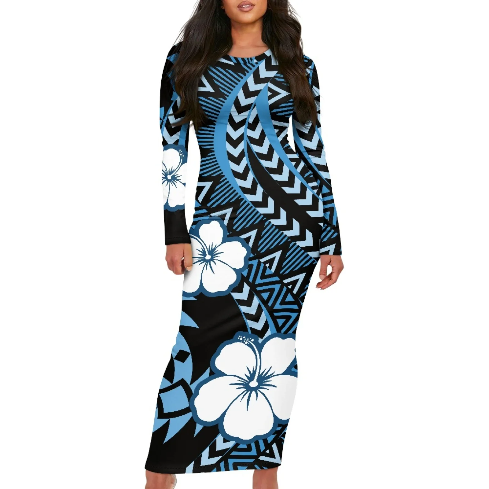 Polynesian Tribal Fijian Totem Tattoo Fiji Prints Lady Slim-Fit Sexy Hibiscus Long-Sleeved Dress Elegant Party Women's Clothing