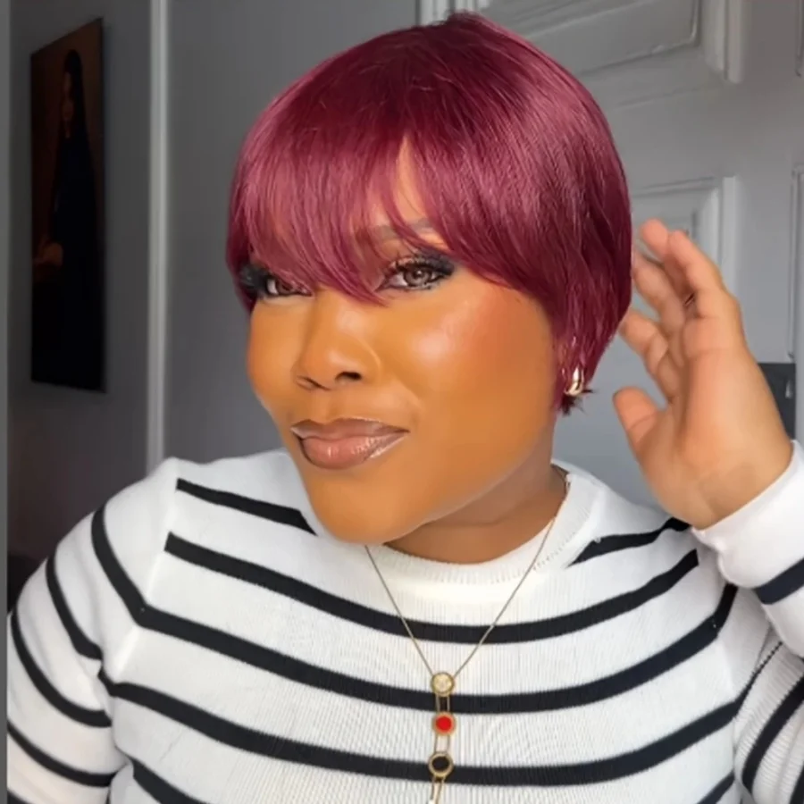 ブルゴーニュ 99J 色ショートボブレミー人毛ウィッグ前髪ピクシーカットフルマシンメイドウィッグ