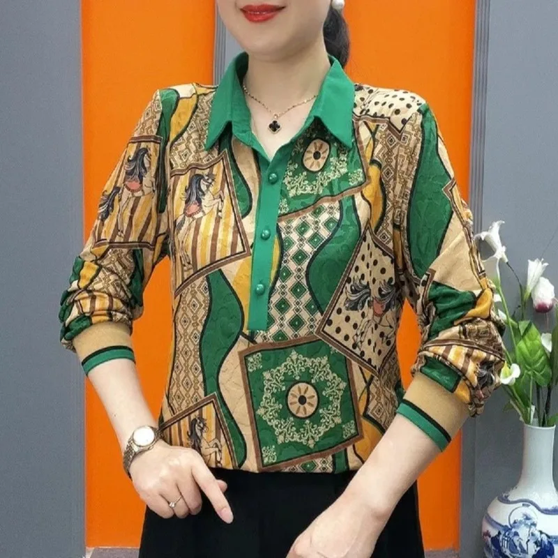 

Spring Ose Fit Long Sleand Autumn Women's POLO Neck Print Panel Button Loeve Thin Style Shirt Fashion Commuter Casual Tops