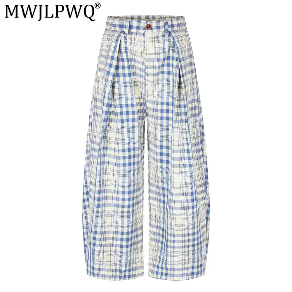 MWJLPWQ Plaid Drapey Pleated Wide-Leg Curved Pants For Men Designer Vibe Trendy High Street Casual Loose-Fit Trousers 17311