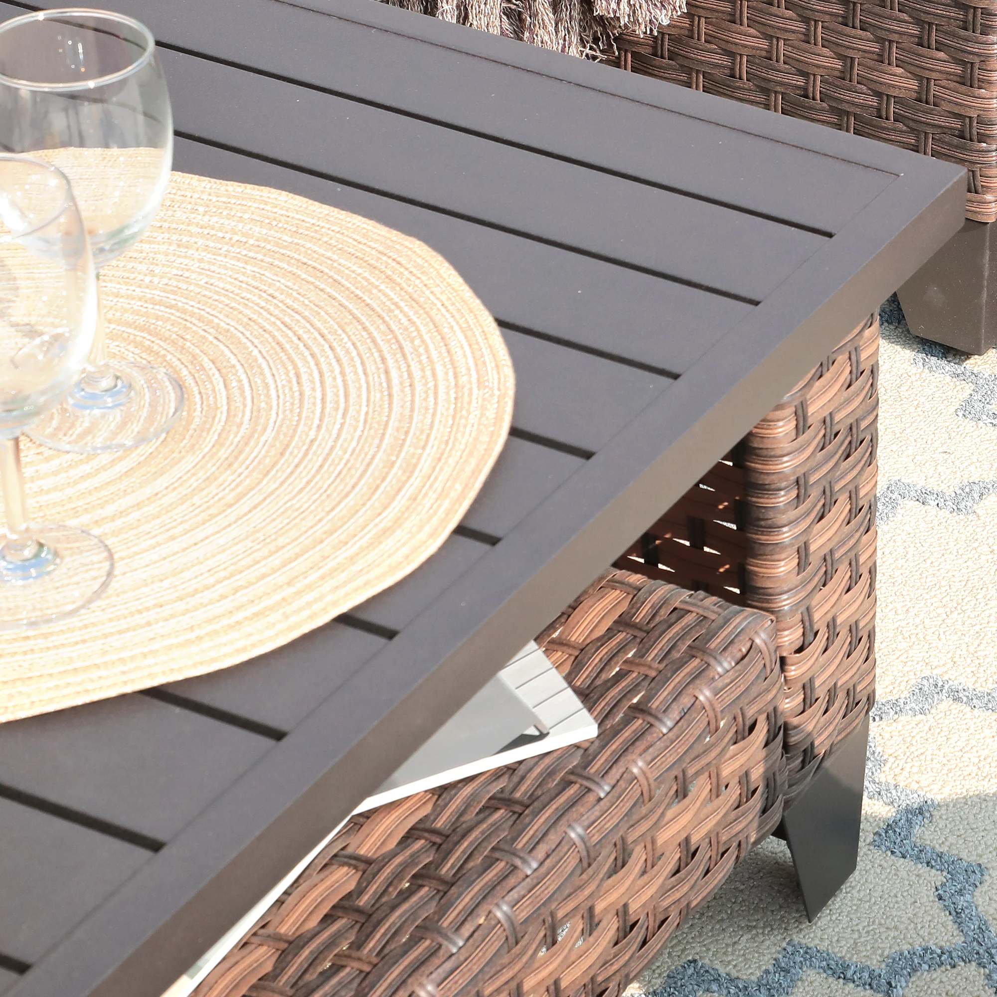 JARDINA Furniture Wicker Coffee Table with Waterproof Cover Brown Synthetic Rattan Wicker Table with Slat Top