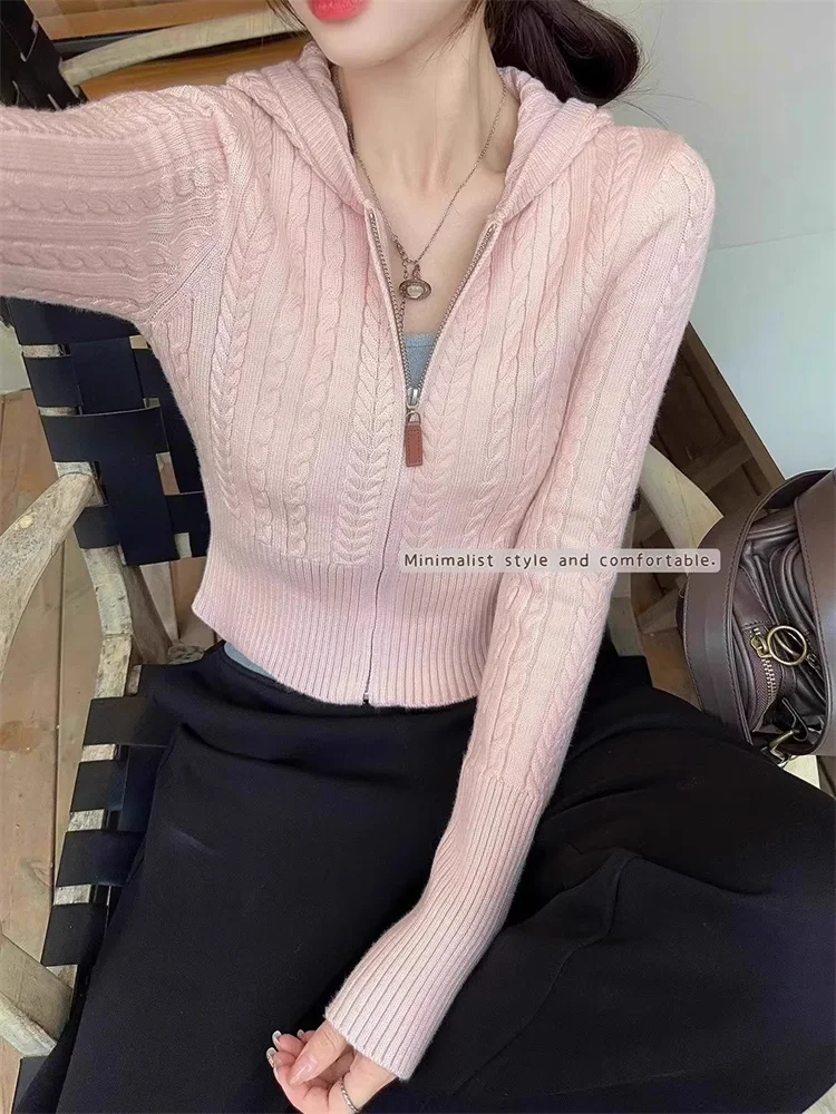 

Нежный стильный свитер на молнии с жареным тестом для женщин, осенний тонкий короткий кардиган на молнии, тонкое вязаное пальто с капюшоном