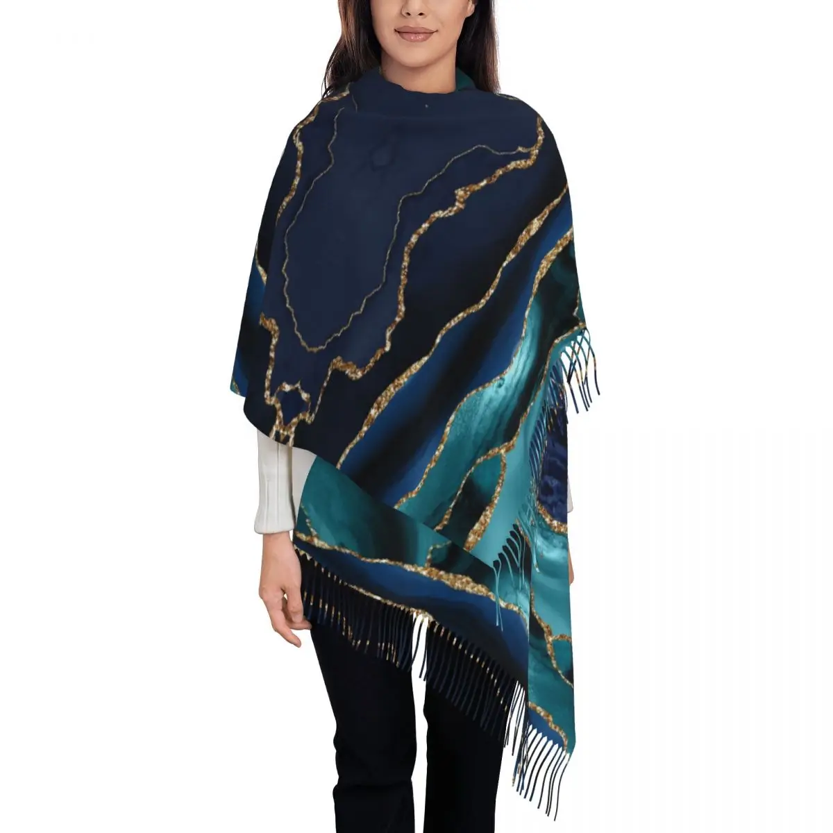 Stylish Teal Blue And Gold Hues Marble Agate Scarf Tassel Scarves Women Soft Warm Shawls and Wraps Long Fall Winter Shawl Wrap