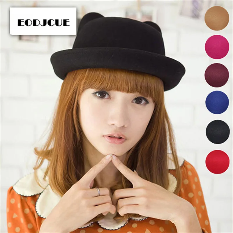 2019 Cute Parent-child bowler hat wool Fedora hats for Women Girls Children Cat Ear formal cap