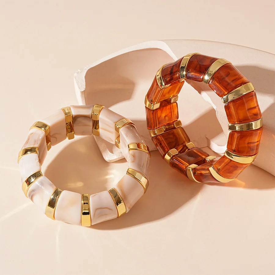 Vintage Resin Bamboo Tube Bracelet for Women Marble Pattern Acrylic Stackable Stretch Beaded Bracelet Jewelry Gift